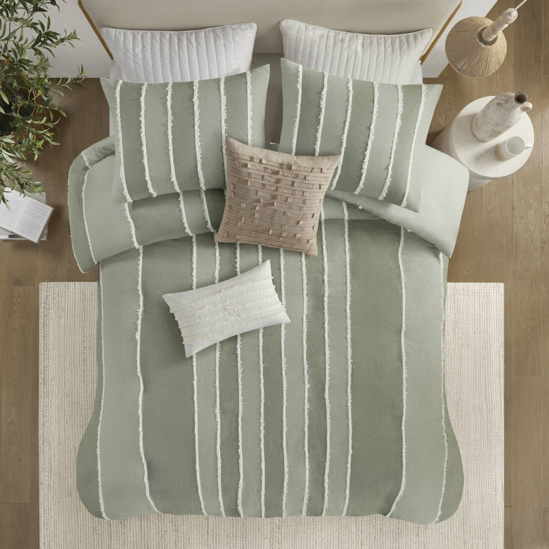 Ensemble de housse de couette en coton 3 pièces Shay, Housse de couette double / grand + 2 taies décora, Sauge