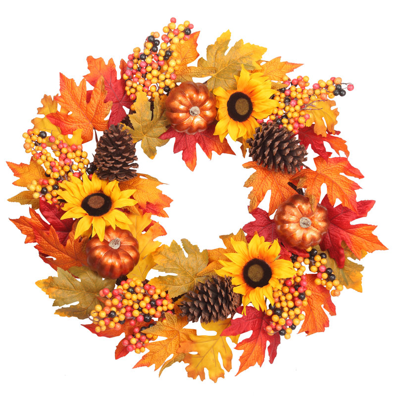24 Inch Fall Sunflower Wreath with Pumpkins and Pinecones