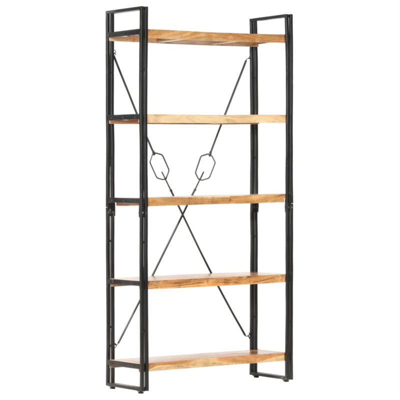 Bookcase Solid Mango Wood, (5 Shelves) 70.9” H x 35.4” W x 11.8”D, Brown/Black