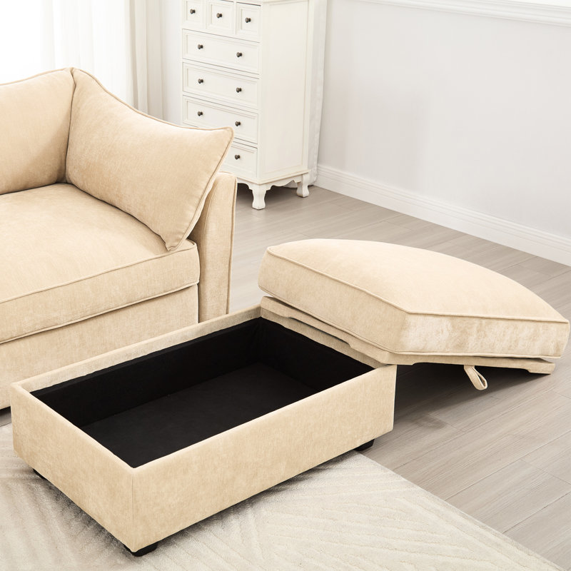 3 avec coussins de dossier et d'accoudoirs enveloppants, rangement escamotable, chenille, croissant pour décor intérieur moderne en teinte de blé, repose-pieds de rangement dissimulé, Nordic Home