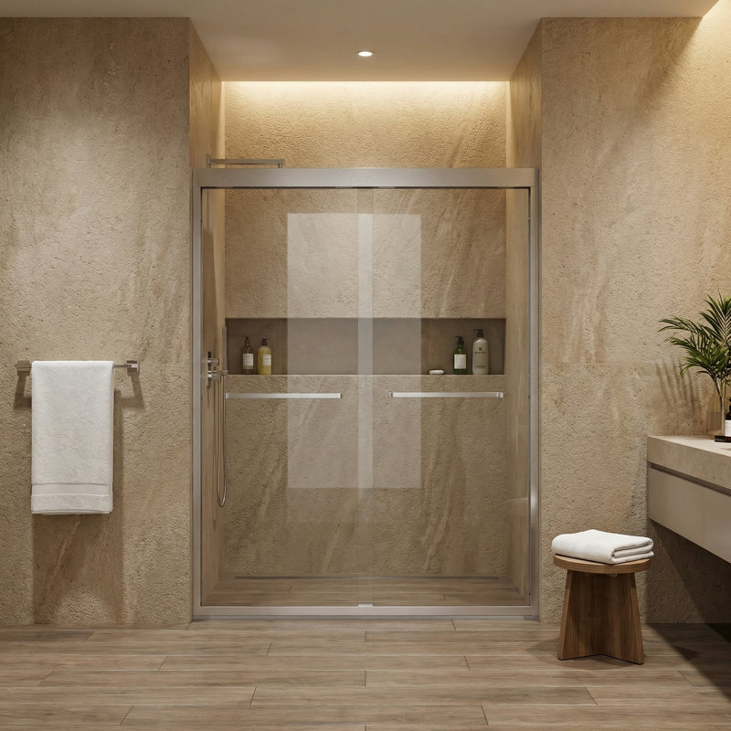50"-54"W*70" H Semi-Frameless Double Sliding Shower Door, Bypass Shower Door, 1/4" (6Mm) Thick SGCC Tempered Glass Door, Brushed Nickel