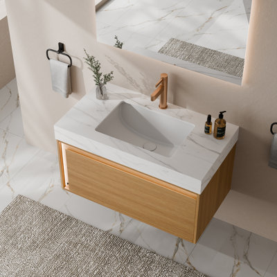 36" Floating Bathroom Vanity With Sink, Carrara White Sintered Stone Top, Fluted Light Oak Cabinet, LED Sensor Drawer, Wall-Mounted, Pre-Assembled