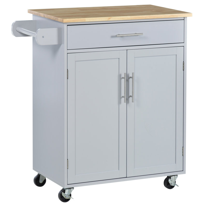 HOMCOM Kitchen Island Cart Rolling Trolley Cart With Drawer, Storage Cabinet & Towel Rack, Gray