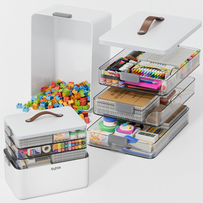 JOYBOS 4-Tier Storage Bin, Multi-Functional Organizer With Leather Handles – Portable Home Storage For Toys, Stationery Plastic Desk Organizer