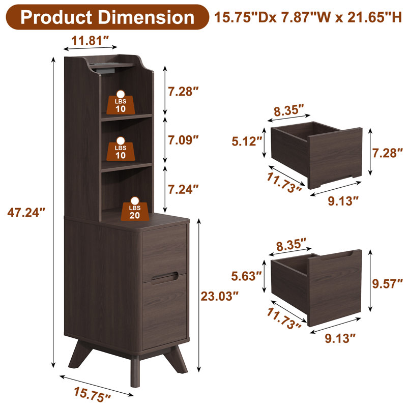 47" Tall Nightstand With Charging Station, Narrow Side Table With Bookshelf,Modern End Bedside Table For Bedroom,Brown, Brown