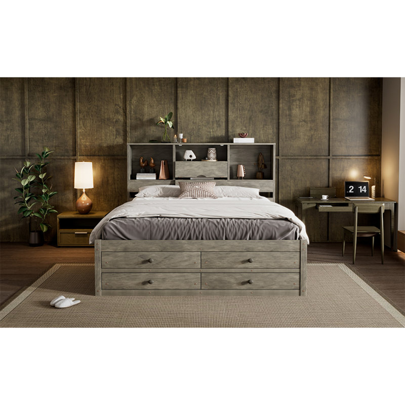 Grand lit plateforme avec tête de lit à rangement et 8 tiroirs, gris, Grand, gris