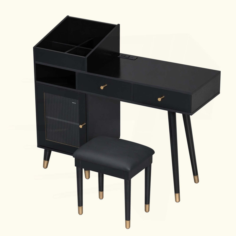 Modern Makeup Vanity Desk With Drawers, Cabinet & Charging Port, Space-Saving Dressing Table Set With Stool For Small Places
