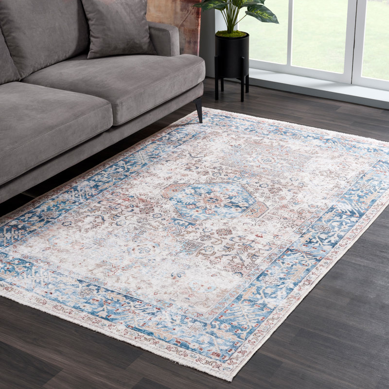 Tapis beige / bleu océan lavable antidérapant traditionnel , Rectangle 5 pi x 7 pi