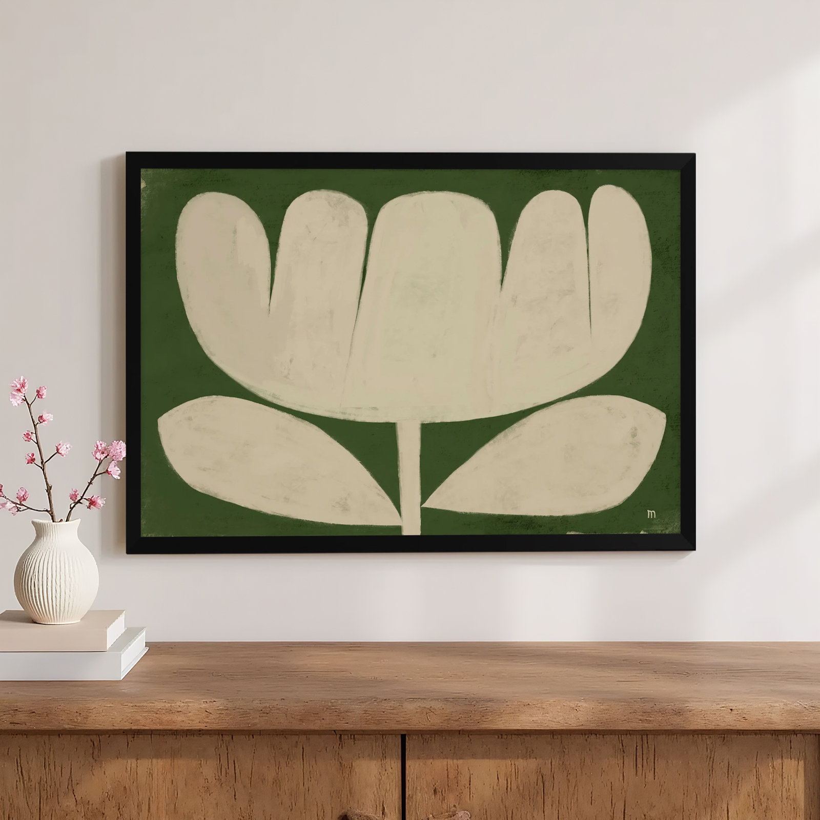 Flower on Green Painting, Black, 21" H x 30" W x 1.25" D