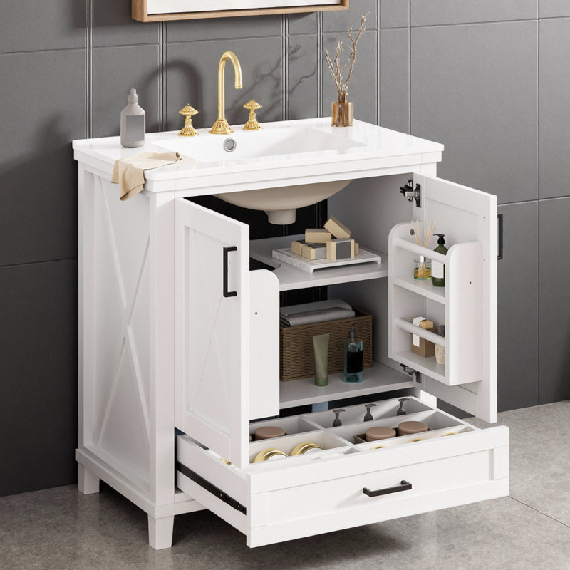 Meuble-lavabo moderne 30 po avec lavabo en céramique, portes à fermeture en douceur et tiroir divisé pour les petits espaces