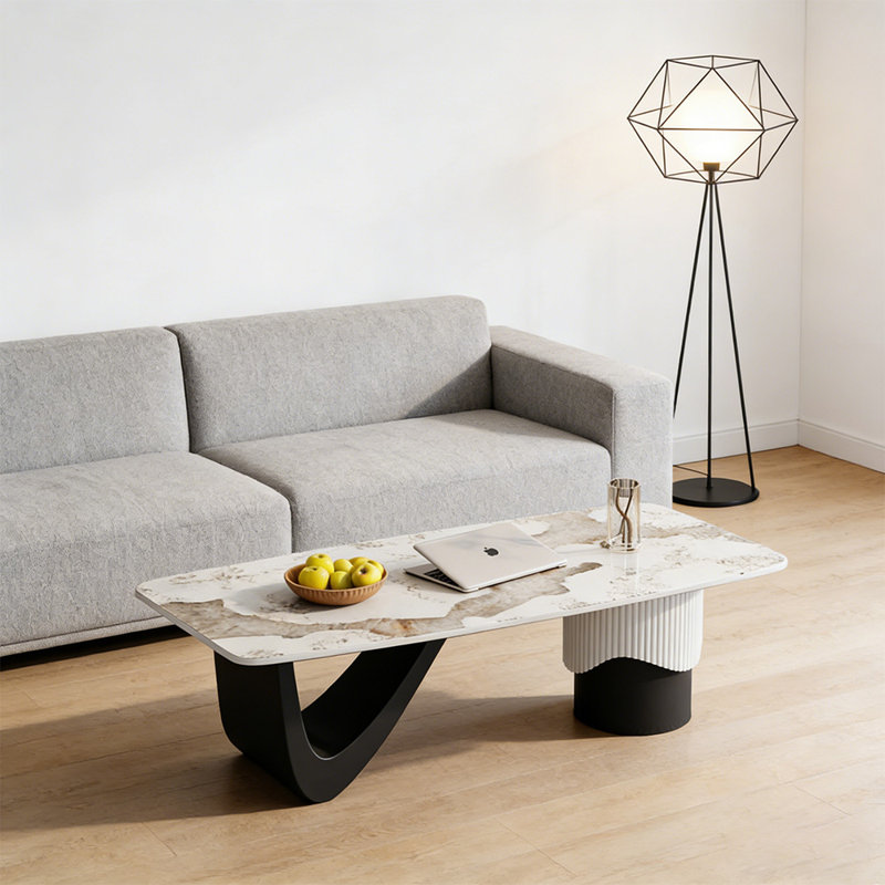 Table basse moderne en ardoise simple avec base en métal, Taupe / Blanc