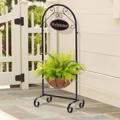 39.5” Metal Welcome Planter Basket Stand With Coco Liner – Hanging Planter With Decorative Welcome Sign For Outdoor Garden, Patio, Deck, And Porch