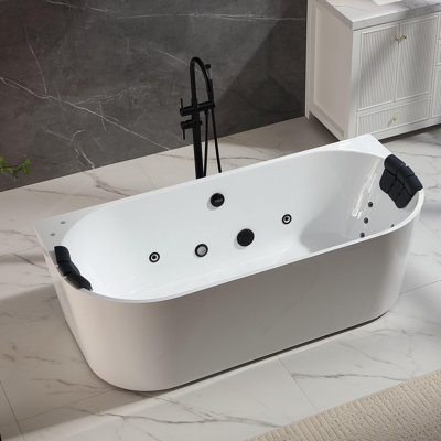 71 In. X 31.5 In. Center Drain Freestanding Whirlpool Bathtub Hydrotherapy Lighted Bath - 18 Black Jets In White
