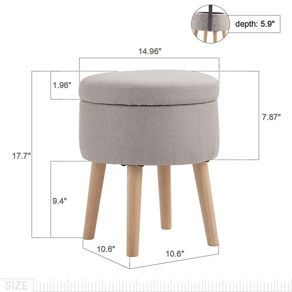 Round Ottoman Foot Rest Stool, Small Fabric Footstool with Non-Skid Wood Legs, Beige Corrigan Studio