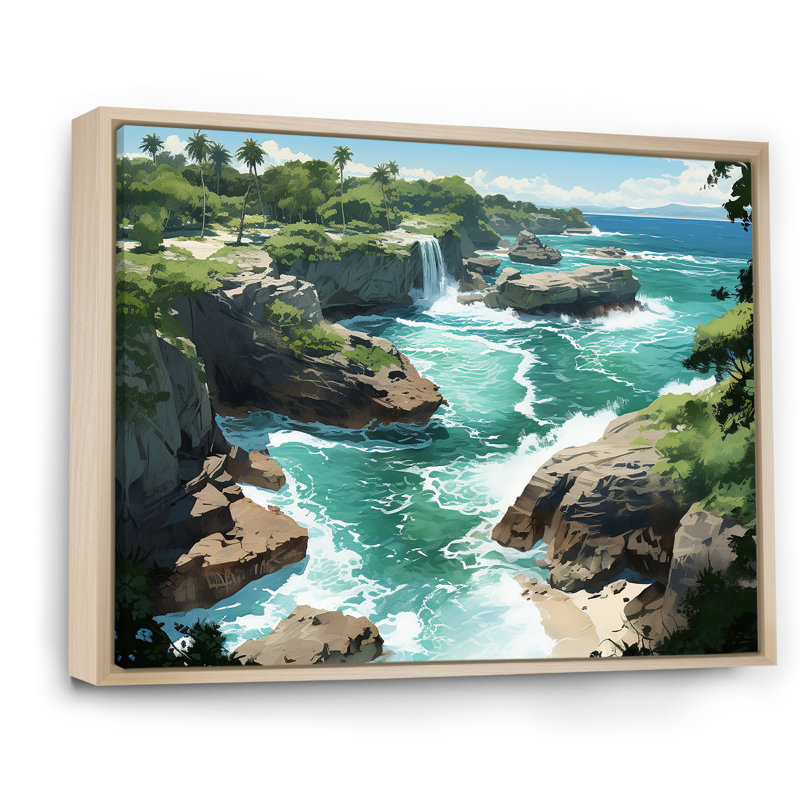 Vue aérienne côtière de l'île, sérénité, art mural tropical côtier, Cadre flottant brun, H 34 po x l 44 po x P 1,5 po
