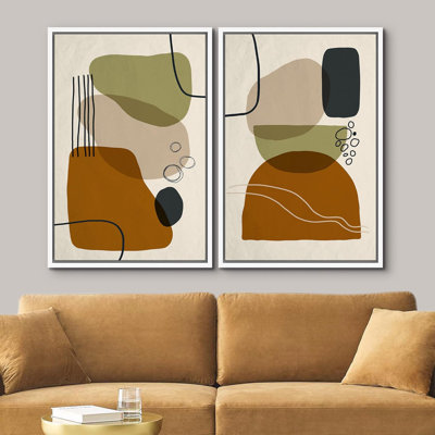 Mid Century Shape " Mid-Century Brown Green & Gray Polygon Symbol Collage Abstract Shapes Modern " 2 - Pieces