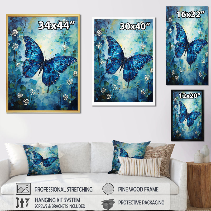 Papillon, saphir flottant - impression d'art mural papillon, H 20 po x l 12 po x P 1 po, Toile tendue