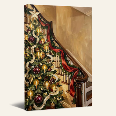 Arbre avec étoile et ruban rouge sur escalier, art mural de Noël