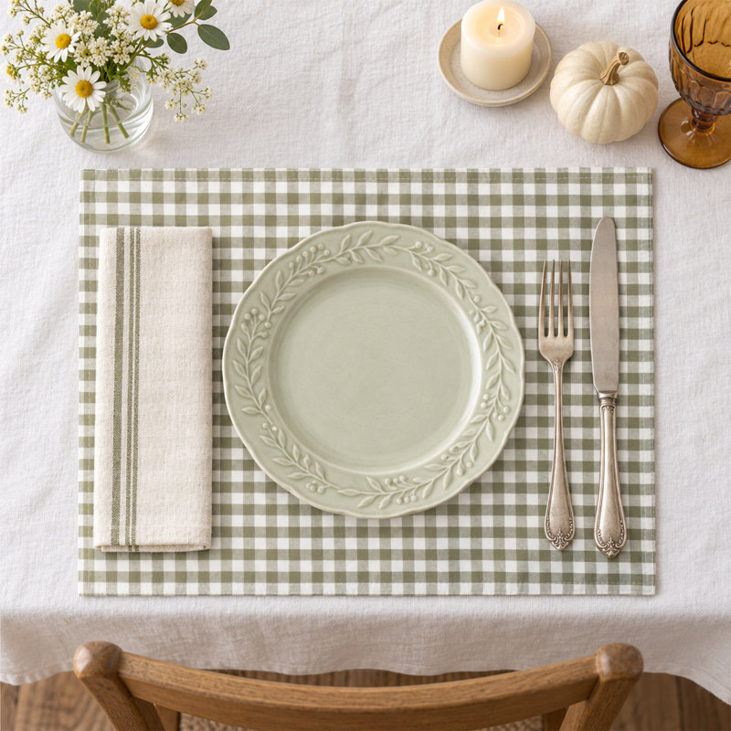 Ensemble de table rectangulaire à carreaux vichy 100 % coton teint en fil, Green