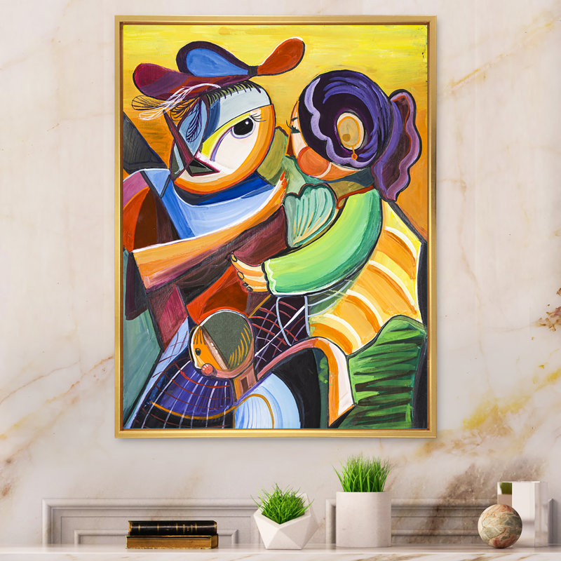 Abstrait deux femmes rencontrant - peinture, H 40 po x l 30 po x P 1,5 po, Cadre flottant doré