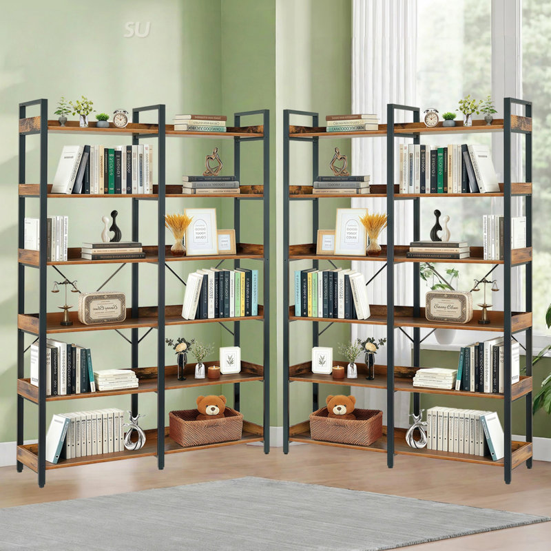 6-Tier Industrial Bookshelf With Open Shelves, Freestanding Metal Frame For Storage And Display, Modern Wooden Bookcase For Home And Office