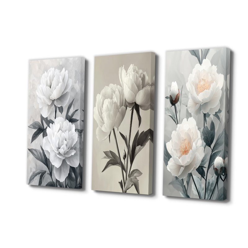 Pivoines monochromes à flou artistique - Collection de grandes décorations murales traditionnelles, Toile tendue