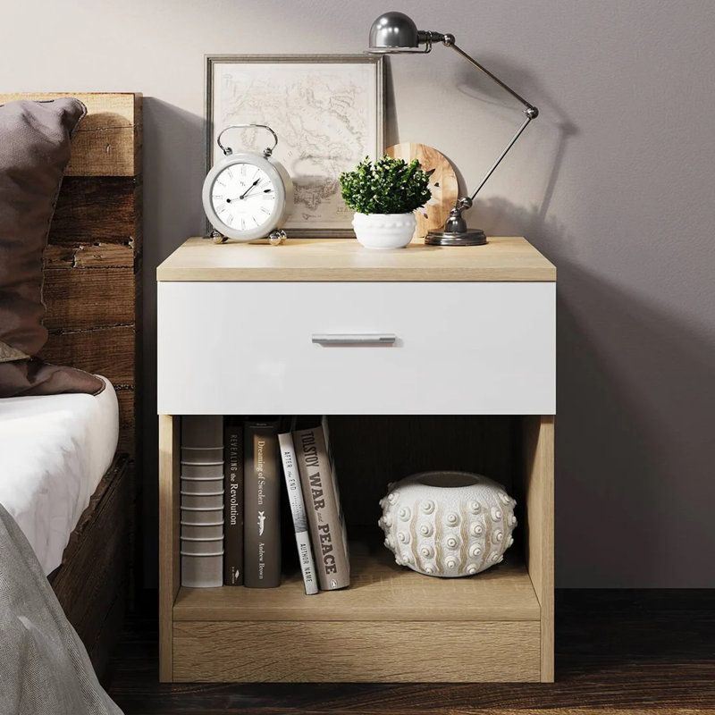 45 cm W Bedside Table, Oak/White