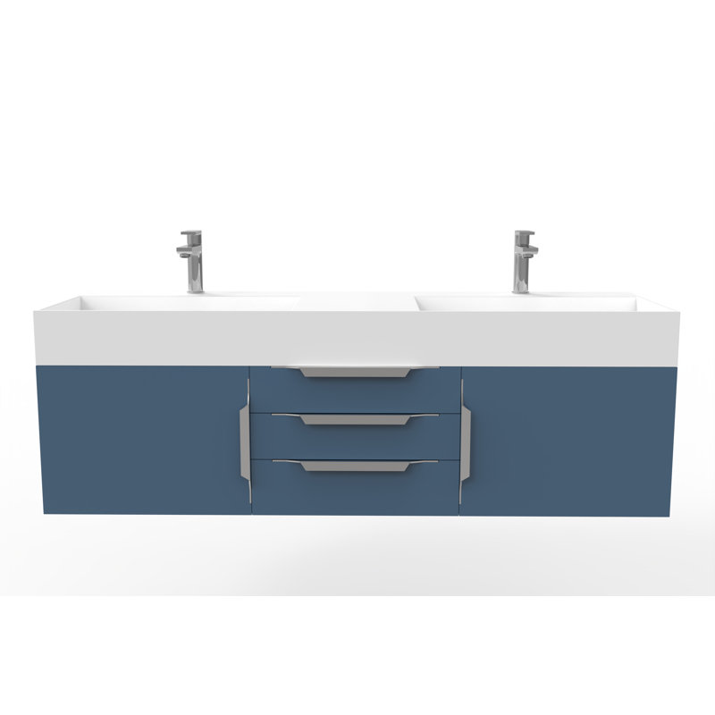 Ensemble de meuble-lavabo double mural 60 po Russett, Blanc, Bleu, Chrome