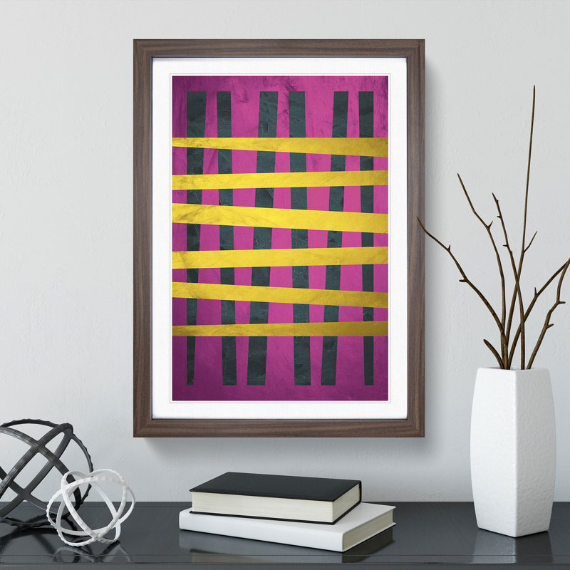 Purple Gold Abstract Lines - Single Picture Frame Print on Wood, Walnut Framed, 90cm H x 65cm W x 2cm D