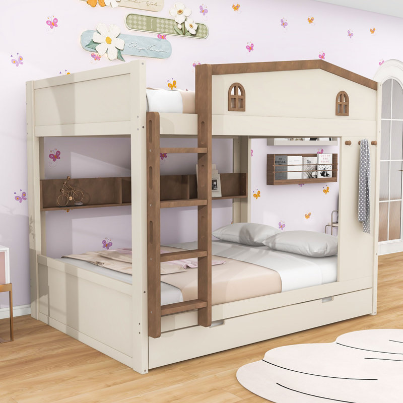 Wooden Bunk Bed with Trundle, Hooks and Side Shelves, Beige Natural, Queen Over Queen