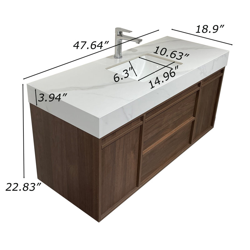 48" Wall-Mounted Bathroom Vanity with Undermount Bathroom Ceramic Sink, Brown Wood Texture with Sintered Stone Table top