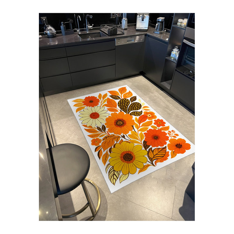 Tapis noir tissé à motif floral lavable Mosso, 4'11" x 7'7"