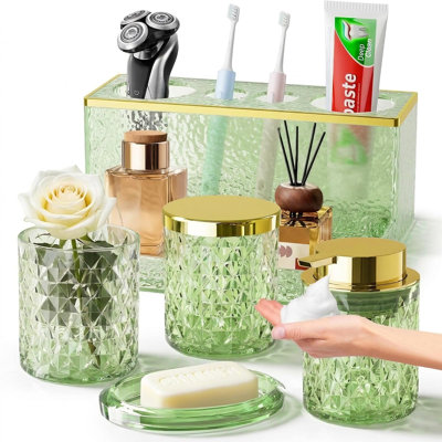 Glass Bathroom Accessories Set 5Pcs Crystal Green, Foaming Soap Dispenser, Soap Dish, Cup, Acrylic Toothbrush Holder with Tray Organizer, Cotton Swab Jar