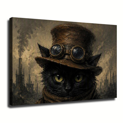 Chat noir steampunk en haut-de-forme et lunettes, sur fond de décor industriel, sur toile décorative.