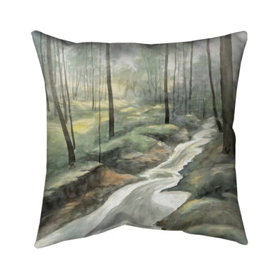 Waterfall Trees Illustrative – Outdoor Throw Pillow with Insert, Weather-Resistant