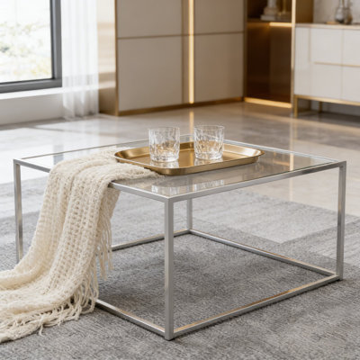 Modern Square Coffee Table With Tempered Glass Top And Sturdy Metal Frame, Minimalist Center Table For Living Room, Home Office, And Small Spaces