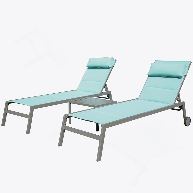 Outdoor Patio Chaise Lounge Set Of 3, Aluminum Pool Chairs With Wheels, Textilene Padded Adjustable Recliner For All Weather Use