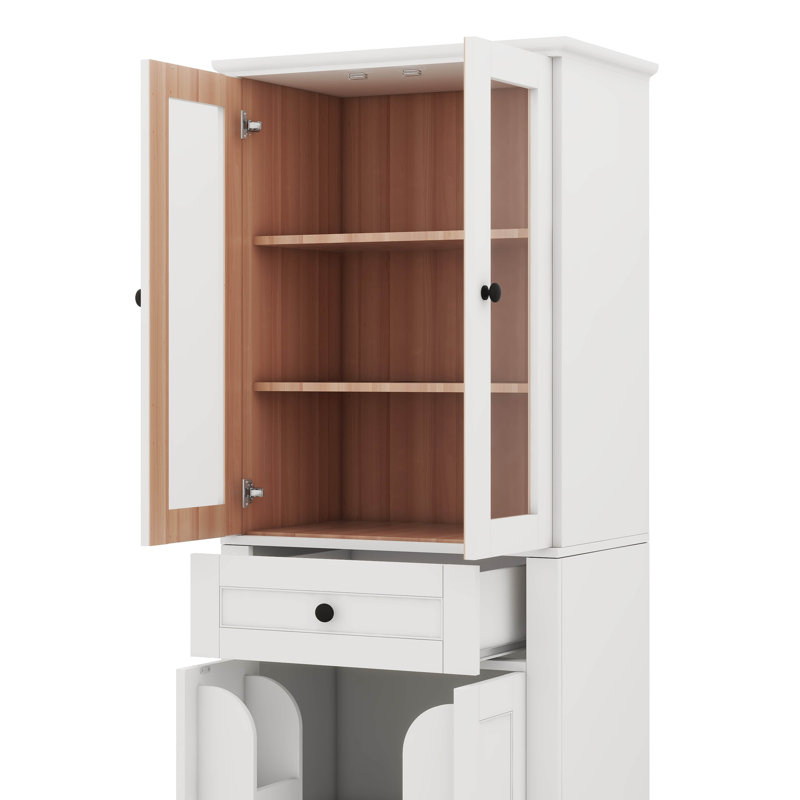 67.2 Inch Elegant Bathroom Storage Unit Featuring  Glass Doors Adjustable Shelves Plus A Drawer, White