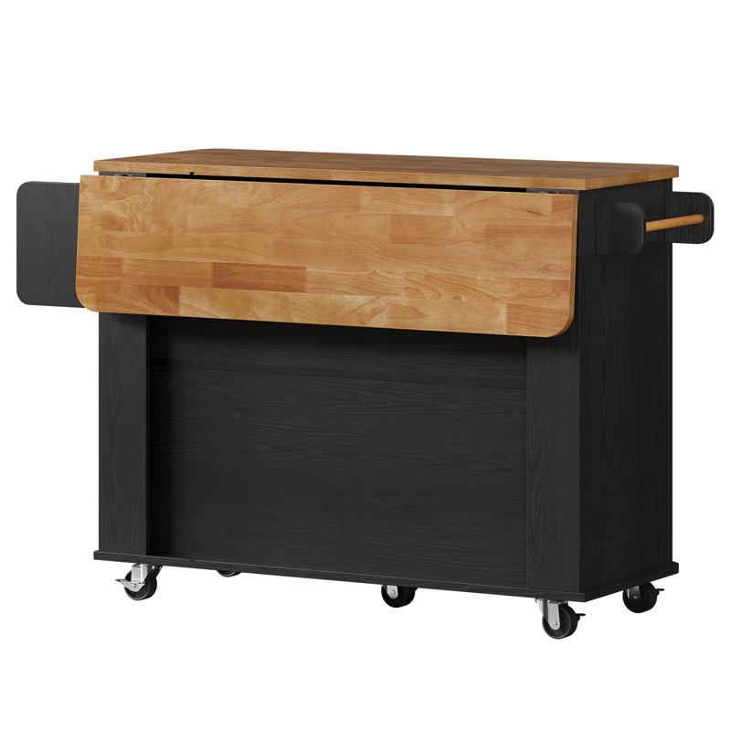 Îlot de cuisine en bois massif de 56 po avec abattant, îlot de cuisine roulant avec armoire à poubelle, grands tiroirs, armoire de rangement et roulettes verrouillables pour la cuisine, la salle à manger 