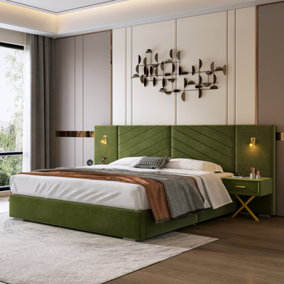 Velvet Upholstered Platform Bed With Wingback Headboard, Built-in Bedside Tables, Led Lights, And Strong Wooden Slats, No Box Spring Needed