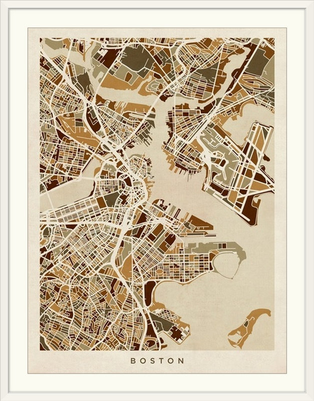 «Boston Massachusetts Street Map» par Bellen, impression, Cadre blanc, l 44 po x P 35 po x H 1 po