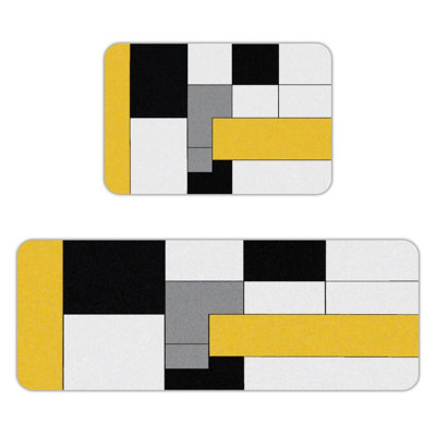 Yellow Black Grid, Kitchen Mats Set of 2