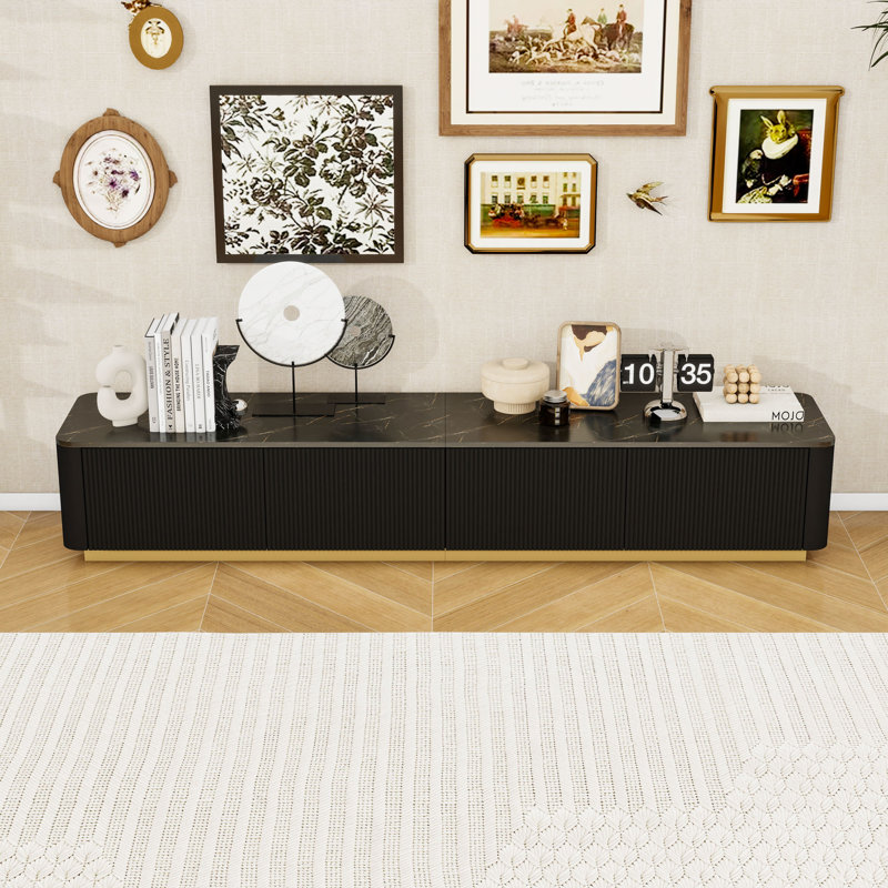 Meuble télé moderne à 4 tiroirs, plateau de table en faux marbre et design incurvé, Noir