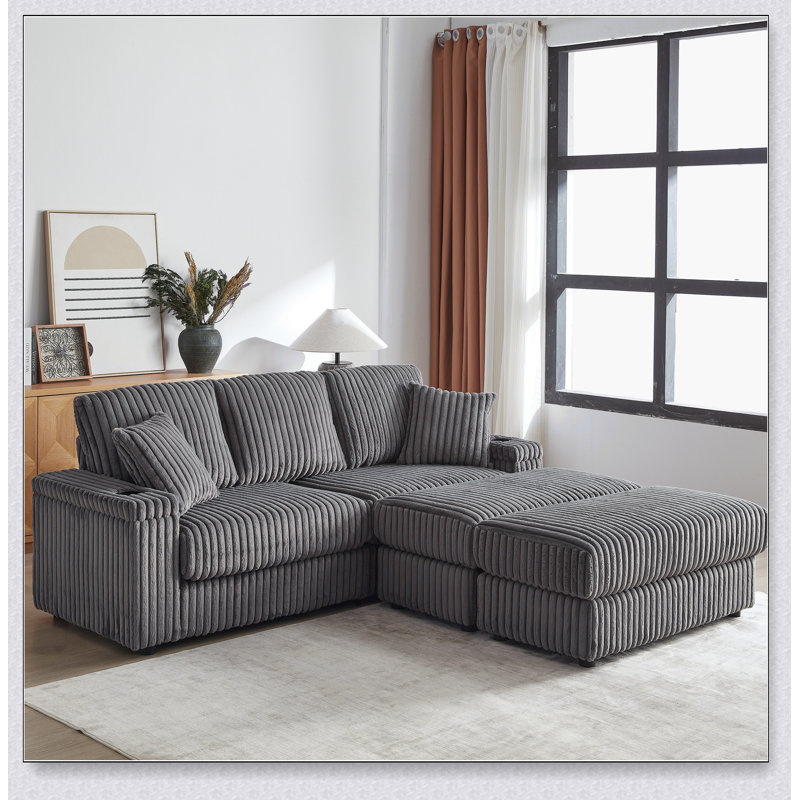 84-Inch Corduroy 3-Seater Sofa with 3 Back and 2 Toss Pillows, Ottoman, and 2 Storage Cup-Holding Grooves, Gray