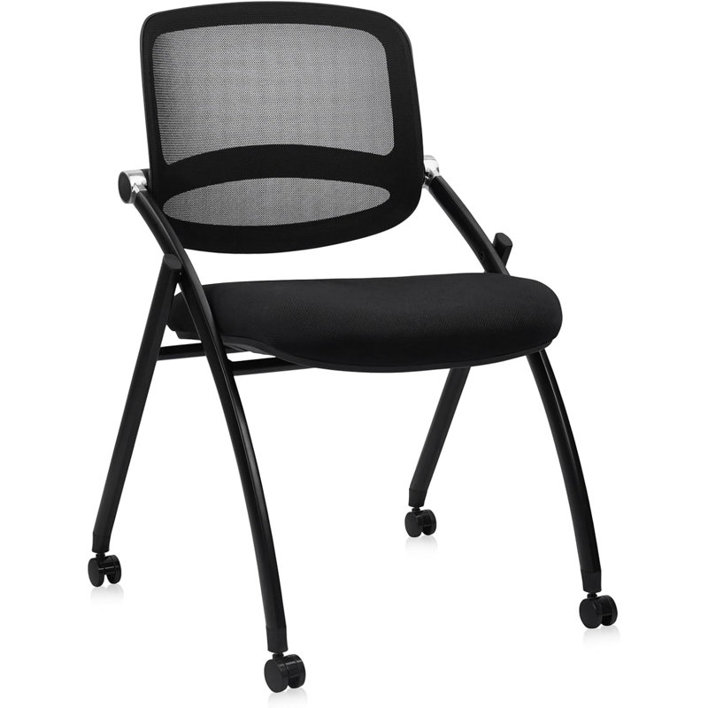 CLATINA Stackable & Foldable Conference Chair with Wheels, Ergonomic Mesh Back,300lbs Capacity, Breathable Padded Seat, Armless Office Chair for Reception, Training, Home Office, Black, 1PK