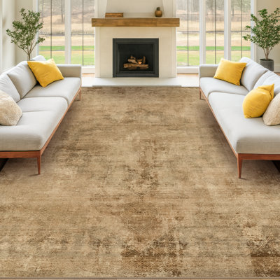 Tapis de style champêtre 240x300 cm pour salon - Tapis brun et sable pour salle à manger ou chambre, lavables, doux, légers et résistants aux taches, décor vintage neutre à médaillon foncé, effet vieilli