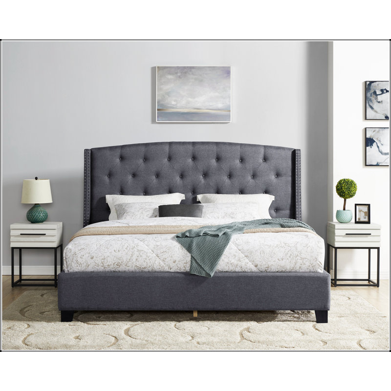Ensemble de chambre rembourrée 3 pièces Belize, avec lit à oreilles capitonné et deux tables de chevet Belize, Blanc/gris