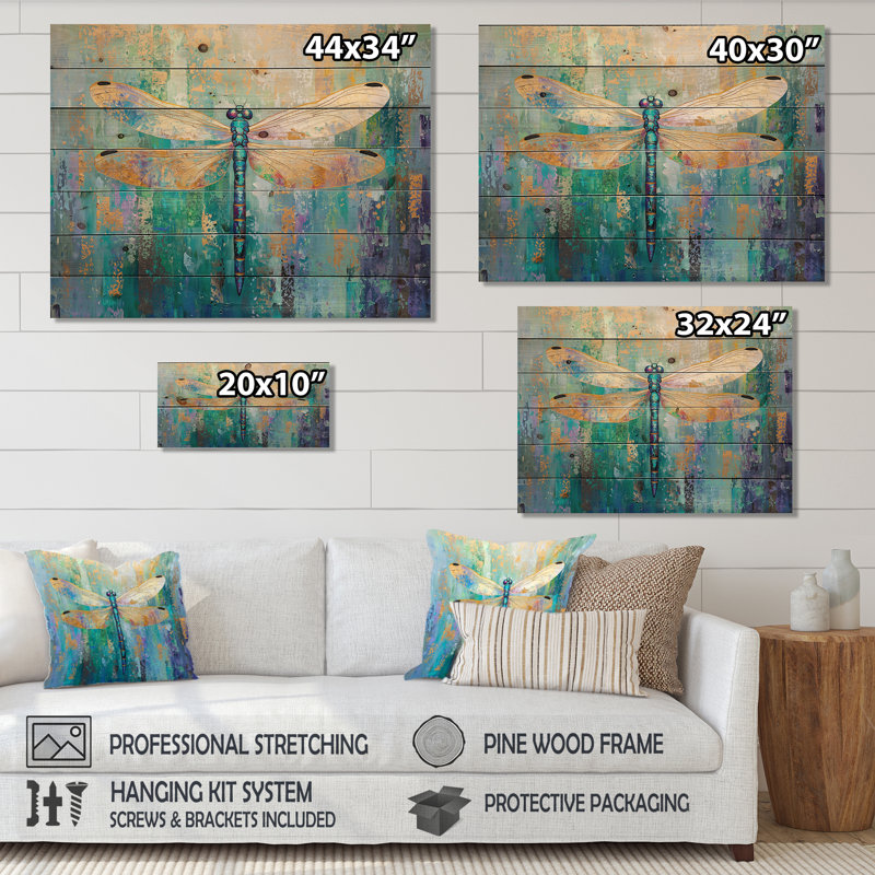 Libellule émeraude ailes irisées II - impression moderne sur bois de pin bleu naturel, H 10 po x l 20 po