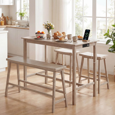 4 PCS Rubber Wood Counter Height Dining Table Set with Power Outlet Saddle Backless Bench Stools Light Gray