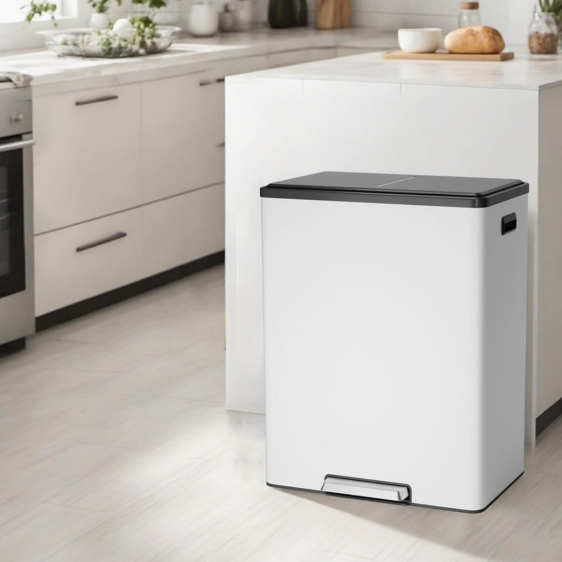 Poubelle double Step, bacs de recyclage 60 L / 16 gallons avec couvercle, 2 poubelles amovibles, pédale de marche, Blanc